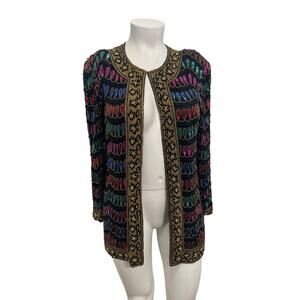 Maxi Creation Vintage Silk Sequined Beaded Jacket in Colored Pattern Size L